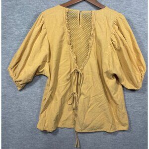 Easel Womens Blouse L Mustard Yellow Puff Sleeve Top Lace Sheer Back Lace Up